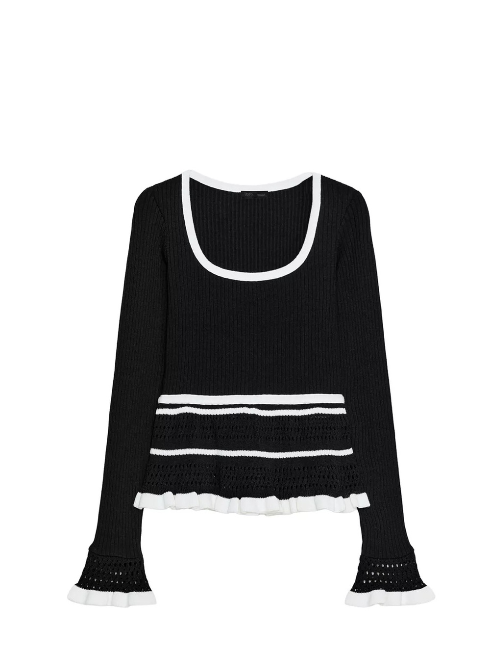 Zara Black Long-Sleeve Scoop Neck Knit Top with White Trim